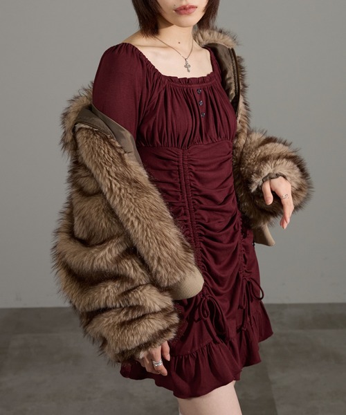 apres jour mignon（アプレジュールミニョン）の「ドロストワンピース（ワンピース・レディース・グレー系その他/ブラウン系その他/チャコールグレー/ブラック系その他/ボルドー・LARGE/フリー）」の5枚目の写真