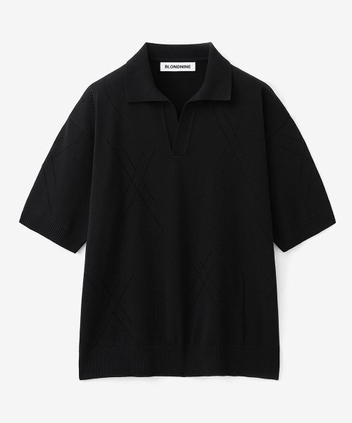 Cotton Hatch Up Half Sleeve Knit — полушерстяной поло-джемпер [чёрный]