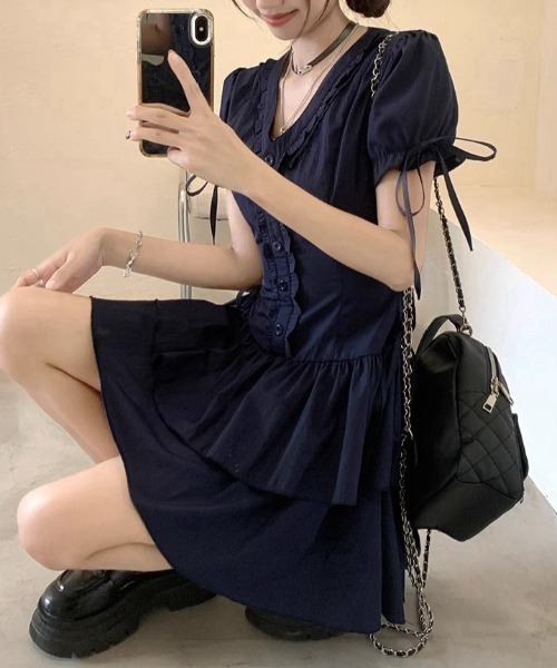 Mejoul（メジュール）の「【2026春夏新作】リボンスリーブティアードミニワンピース（ワンピース・レディース・ネイビー・M/L）」の7枚目の写真