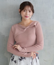 リボンネックパール装飾ニット
