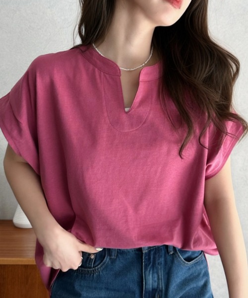 Eclat one(エクラワン)の「【Eclat one】キーネック リラクシー コットン トップス(Tシャツ/カットソー・レディース・ピンク/アイボリー/ブラック・FREE)」の3枚目の写真