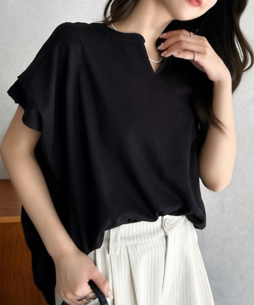 Eclat one(エクラワン)の「【Eclat one】キーネック リラクシー コットン トップス(Tシャツ/カットソー・レディース・ピンク/アイボリー/ブラック・FREE)」の8枚目の写真