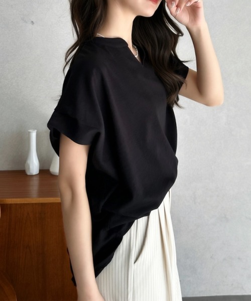 Eclat one(エクラワン)の「【Eclat one】キーネック リラクシー コットン トップス(Tシャツ/カットソー・レディース・ピンク/アイボリー/ブラック・FREE)」の9枚目の写真