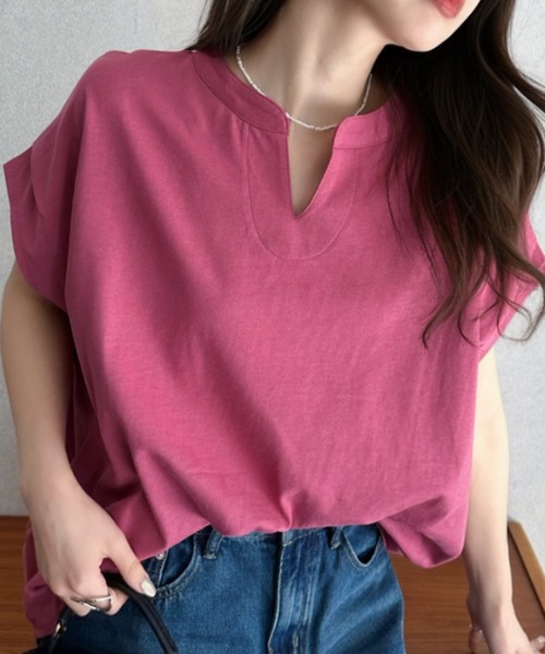 Eclat one(エクラワン)の「【Eclat one】キーネック リラクシー コットン トップス(Tシャツ/カットソー・レディース・ピンク/アイボリー/ブラック・FREE)」の12枚目の写真