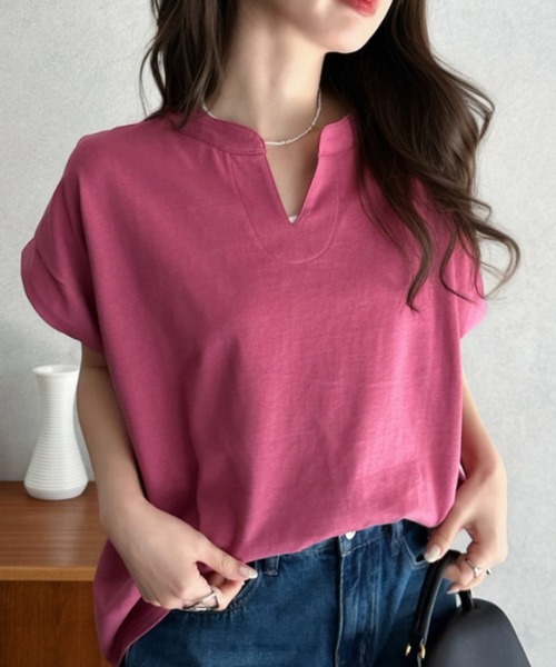 Eclat one(エクラワン)の「【Eclat one】キーネック リラクシー コットン トップス(Tシャツ/カットソー・レディース・ピンク/アイボリー/ブラック・FREE)」の13枚目の写真