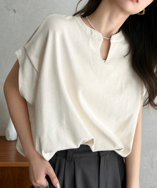 Eclat one(エクラワン)の「【Eclat one】キーネック リラクシー コットン トップス(Tシャツ/カットソー・レディース・ピンク/アイボリー/ブラック・FREE)」の22枚目の写真