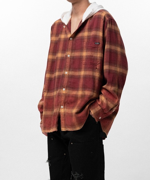 KAMIYA（カミヤ）の「Distressed Hooded Checked Shirt（シャツ/ブラウス・メンズ・ブラック・S）」の5枚目の写真