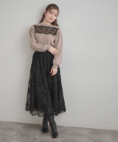 couture brooch(クチュールブローチ)の「【洗える・通勤】レース ドッキング ニット(ニット/セーター・レディース・オフホワイト/チャコールグレー/サンドベージュ・36/38/40/42)」の9枚目の写真