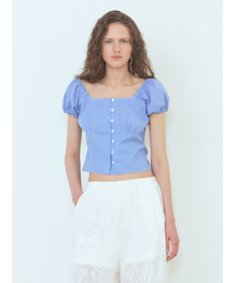 Check Shirring Blouse Blue