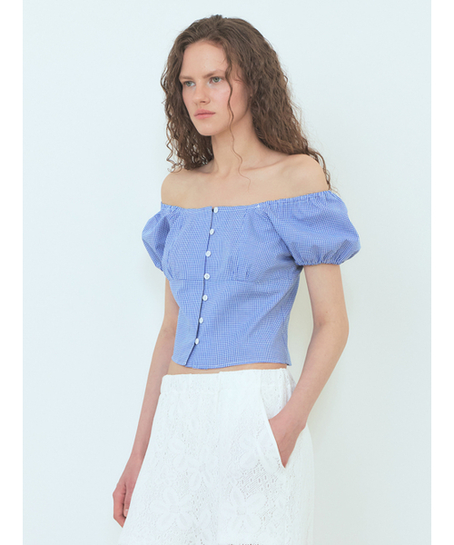 ETMON（エトモン）の「Check Shirring Blouse Blue（シャツ/ブラウス・レディース・その他・M/S）」の2枚目の写真