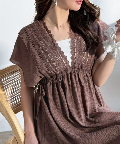 mily bilet(ミウィビレット)の「【mily bilet】甘さを抑えて上品に華やぐ。ナチュラルムードな レース使い楊柳フレアワンピース(ワンピース・レディース・ブラック/ブラウン/オフホワイト・SMALL/X-LARGE/MEDIUM/LARGE)」の4枚目の写真