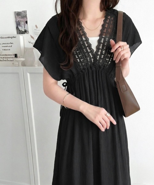 mily bilet(ミウィビレット)の「【mily bilet】甘さを抑えて上品に華やぐ。ナチュラルムードな レース使い楊柳フレアワンピース(ワンピース・レディース・ブラック/ブラウン/オフホワイト・SMALL/X-LARGE/MEDIUM/LARGE)」の9枚目の写真