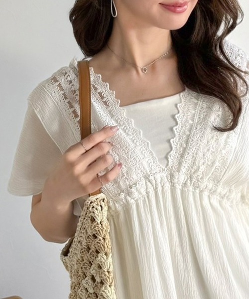 mily bilet(ミウィビレット)の「【mily bilet】甘さを抑えて上品に華やぐ。ナチュラルムードな レース使い楊柳フレアワンピース(ワンピース・レディース・ブラック/ブラウン/オフホワイト・SMALL/X-LARGE/MEDIUM/LARGE)」の5枚目の写真
