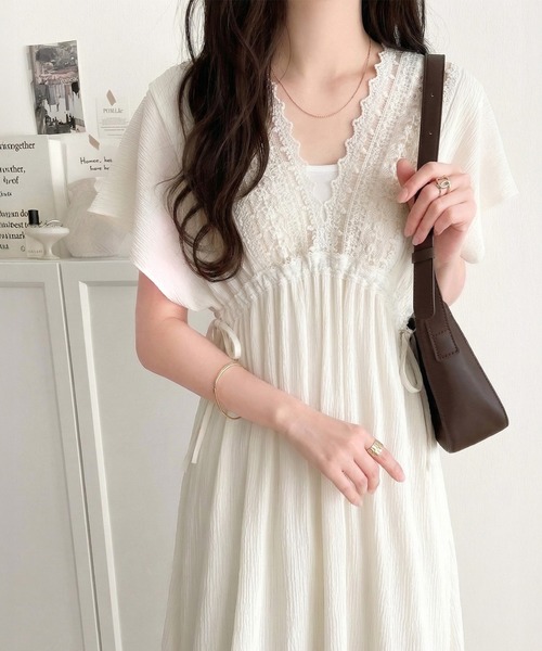 mily bilet(ミウィビレット)の「【mily bilet】甘さを抑えて上品に華やぐ。ナチュラルムードな レース使い楊柳フレアワンピース(ワンピース・レディース・ブラック/ブラウン/オフホワイト・SMALL/X-LARGE/MEDIUM/LARGE)」の6枚目の写真