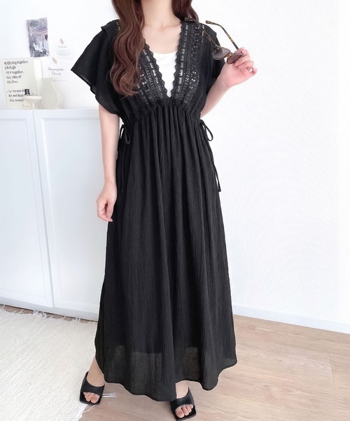 mily bilet(ミウィビレット)の「【mily bilet】甘さを抑えて上品に華やぐ。ナチュラルムードな レース使い楊柳フレアワンピース(ワンピース・レディース・ブラック/ブラウン/オフホワイト・SMALL/X-LARGE/MEDIUM/LARGE)」の10枚目の写真