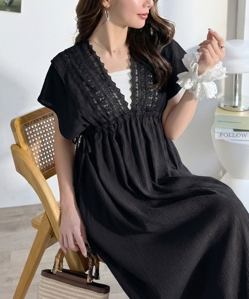 mily bilet(ミウィビレット)の「【mily bilet】甘さを抑えて上品に華やぐ。ナチュラルムードな レース使い楊柳フレアワンピース(ワンピース・レディース・ブラック/ブラウン/オフホワイト・SMALL/X-LARGE/MEDIUM/LARGE)」の12枚目の写真