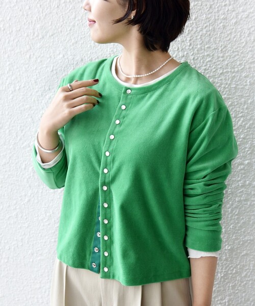 手洗い可能〉コットン ベロア パール モチーフ ボタン カーディガン