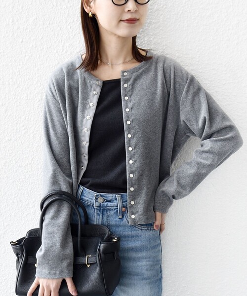 手洗い可能〉コットン ベロア パール モチーフ ボタン カーディガン