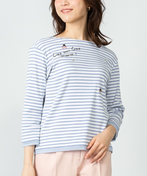 STUDIO PICONE(スタジオピッコーネ)の「ビーズ刺繍七分袖ボーダープルオーバー(Tシャツ/カットソー・レディース・ベージュ/ホワイト/ブラック/ブルー・LL/L/M)」の10枚目の写真