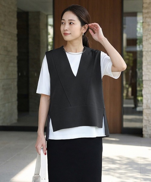 STYLE DELI（スタイルデリ）の「切りっぱなしハギラインベスト（ベスト・レディース・ブラック/ホワイト系・FREE）」の2枚目の写真