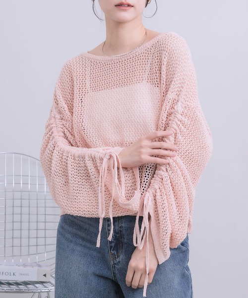 RETRO GIRL(レトロガール)の「袖シャーリングメッシュニット(ニット/セーター・レディース・ナチュラル/ブルー/ピンク・FREE)」の2枚目の写真