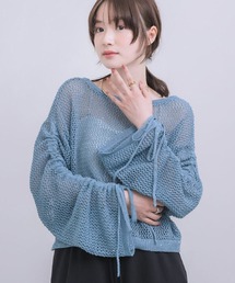 袖シャーリングメッシュニット