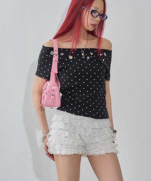 WHO'S WHO gallery(フーズフーギャラリー)の「ハトメオフショル半袖トップス(無地/ドット)(Tシャツ/カットソー・レディース・ブラック系その他/オフホワイト/ホワイト系その他/ブラック・FREE)」の18枚目の写真