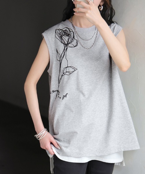 HUG.U(ハグユー)の「花柄刺繍タンクトップ(タンクトップ・レディース・ホワイト/ライトグレー/カーキブラウン/パープル・FREE)」の6枚目の写真