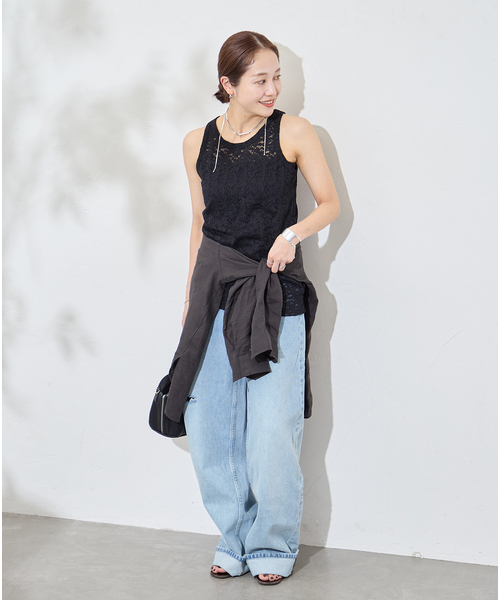 JOURNAL STANDARD（ジャーナルスタンダード）の「ストレッチフラワーレースタンク（Tシャツ/カットソー・レディース・ブラック/ホワイト/アイボリー・FREE）」の4枚目の写真