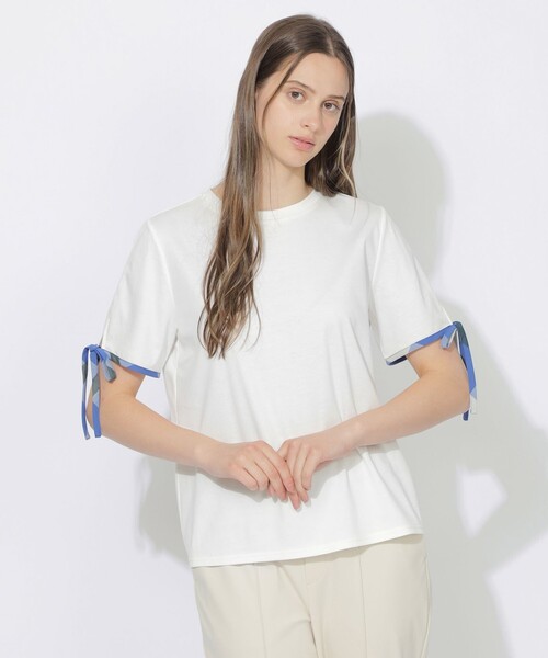 CB CRESTBRIDGE(シービークレストブリッジ)の「【Quiet checkシリーズ】リボンスリーブT(Tシャツ/カットソー・レディース・ブラック/レッド/オフホワイト・M)」の2枚目の写真