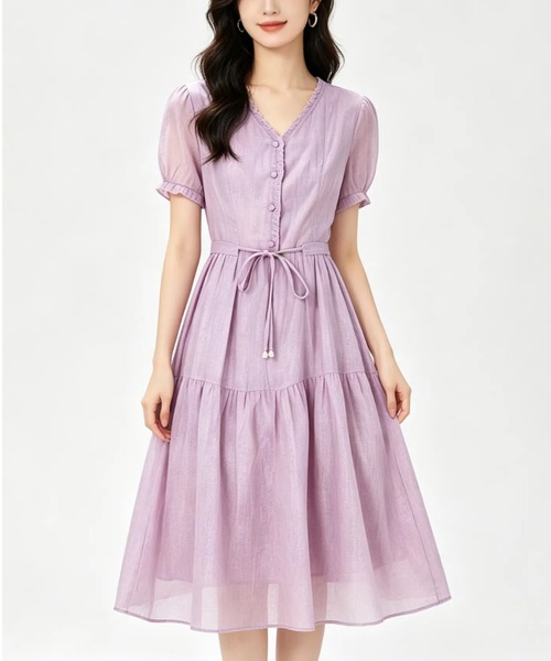LUCPY（ラクピー）の「Vネックウエストリボンティアードワンピース（ワンピース・レディース・パープル・XX-LARGE/X-LARGE/LARGE/MEDIUM）」の4枚目の写真