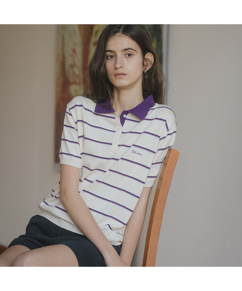 Stripe polo knit top [TISU06TS06]_Cream