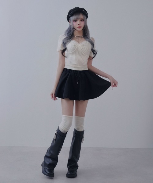 Diable baiser(ディアブルベーゼ)の「バレエコア レース切替 オフショルダー ニットソー トップス / 透け感 可愛い タイト(Tシャツ/カットソー・レディース・オフホワイト・FREE)」の3枚目の写真