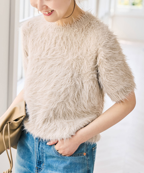 Spick & Span(スピックアンドスパン)の「《新色 / 追加》フェザーヤーンハーフスリーブニット(ニット/セーター・レディース・ネイビー/ボルドー/ベージュ・FREE)」の2枚目の写真