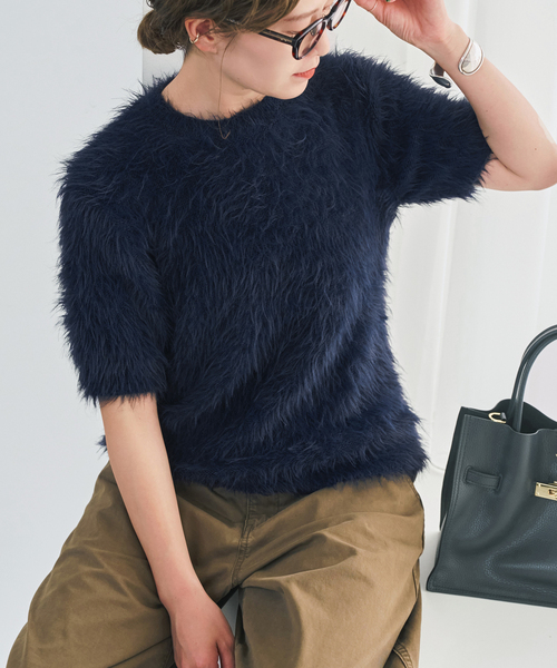 Spick & Span(スピックアンドスパン)の「《新色 / 追加》フェザーヤーンハーフスリーブニット(ニット/セーター・レディース・ネイビー/ボルドー/ベージュ・FREE)」の3枚目の写真