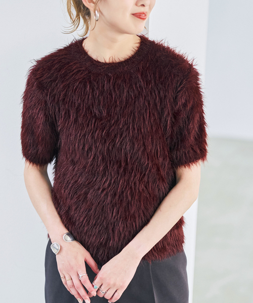 Spick & Span(スピックアンドスパン)の「《新色 / 追加》フェザーヤーンハーフスリーブニット(ニット/セーター・レディース・ネイビー/ボルドー/ベージュ・FREE)」の1枚目の写真