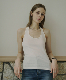 [Cotton 100%] Back Label Halter Sleeveless Top (cream)