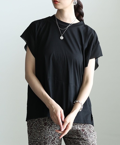 Sawa a la mode(サワアラモード)の「異素材切替デザイントップス(Tシャツ/カットソー・レディース・チャコールグレー/ブラック・FREE)」の1枚目の写真
