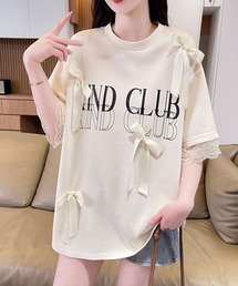 袖のレースがアクセント♪主役級アイテム リボン付きロゴTシャツ