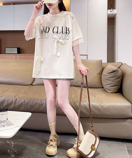 Amulet(アミュレット)の「袖のレースがアクセント♪主役級アイテム リボン付きロゴTシャツ(Tシャツ/カットソー・レディース・ブラック/アイボリー・S/M/L/XL)」の9枚目の写真