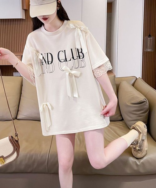 Amulet(アミュレット)の「袖のレースがアクセント♪主役級アイテム リボン付きロゴTシャツ(Tシャツ/カットソー・レディース・ブラック/アイボリー・S/M/L/XL)」の10枚目の写真