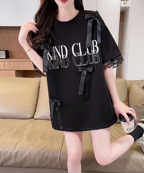 Amulet(アミュレット)の「袖のレースがアクセント♪主役級アイテム リボン付きロゴTシャツ(Tシャツ/カットソー・レディース・ブラック/アイボリー・S/M/L/XL)」の7枚目の写真