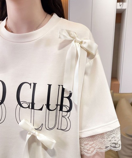 Amulet(アミュレット)の「袖のレースがアクセント♪主役級アイテム リボン付きロゴTシャツ(Tシャツ/カットソー・レディース・ブラック/アイボリー・S/M/L/XL)」の8枚目の写真