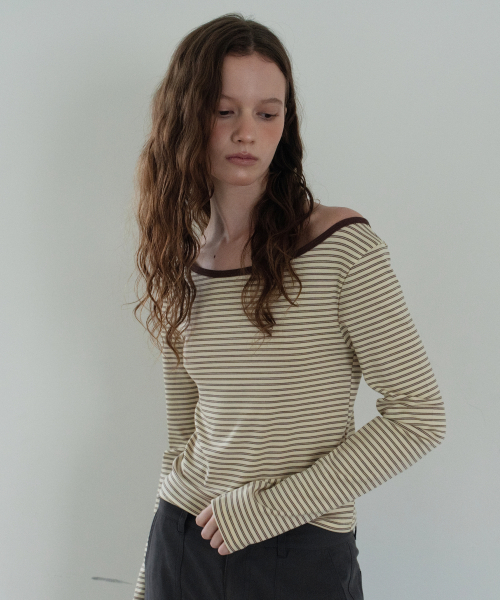 WAARFORWOMAN(ワール・フォー・ウーマン)の「WT-98 ストライプ配色Tシャツ_ブラウン(Tシャツ/カットソー・レディース・その他・FREE)」の1枚目の写真