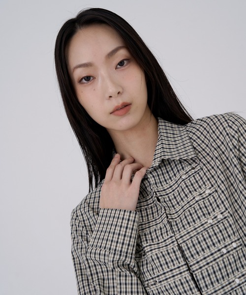 Sibra（シブラ）の「【秋冬新作】チェック柄ナポレオンデザイン長袖シャツ（シャツ/ブラウス・レディース・ネイビー/カーキ/ブラウン/ホワイト・M）」の13枚目の写真