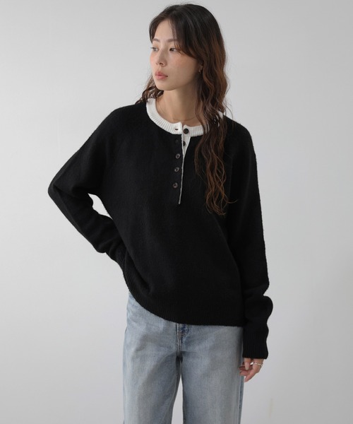 La-gemme（ラジェム）の「配色ヘンリーネックニットプルオーバー/ベーシック/こなれ感（ニット/セーター・レディース・ブラウン/グレー/ベージュ/ブラック・フリー）」の6枚目の写真