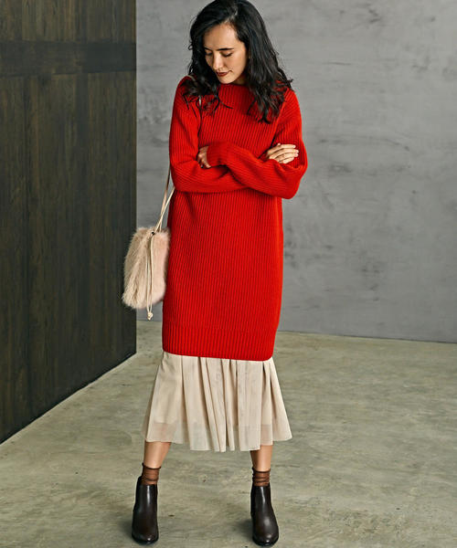 green label relaxing（グリーンレーベルリラクシング）の「SC ハミルトン アゼ ボトルネック ニットワンピース ◆（ワンピース・レディース・ライトグレー/ネイビー/レッド・FREE）」の3枚目の写真