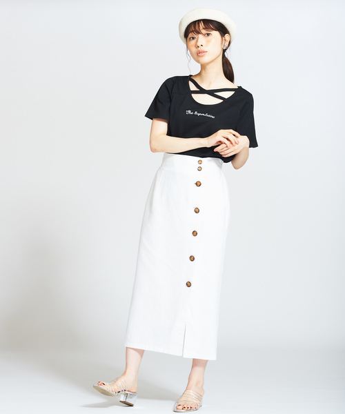 WEGO（ウィゴー）の「WEGO/クロス刺繍ロゴTシャツ（Tシャツ/カットソー・レディース・ピンク/ブラック・FREE）」の7枚目の写真