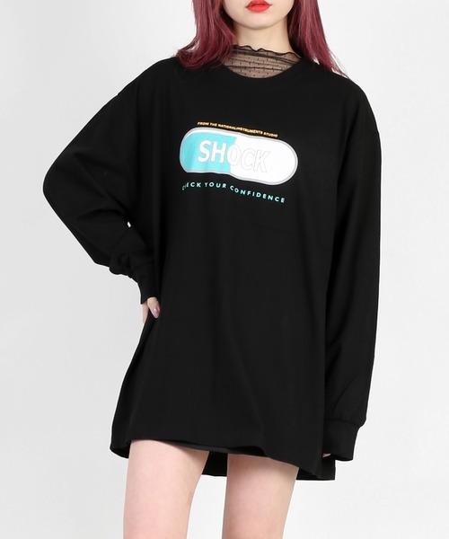 DING（ディング）の「DING/SHOCKロングTシャツ（Tシャツ/カットソー・レディース・ブルー/ブラック/ホワイト・FREE）」の3枚目の写真
