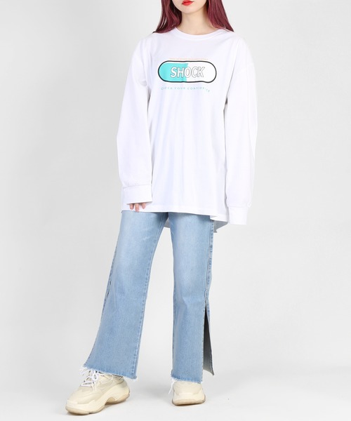 DING（ディング）の「DING/SHOCKロングTシャツ（Tシャツ/カットソー・レディース・ブルー/ブラック/ホワイト・FREE）」の4枚目の写真